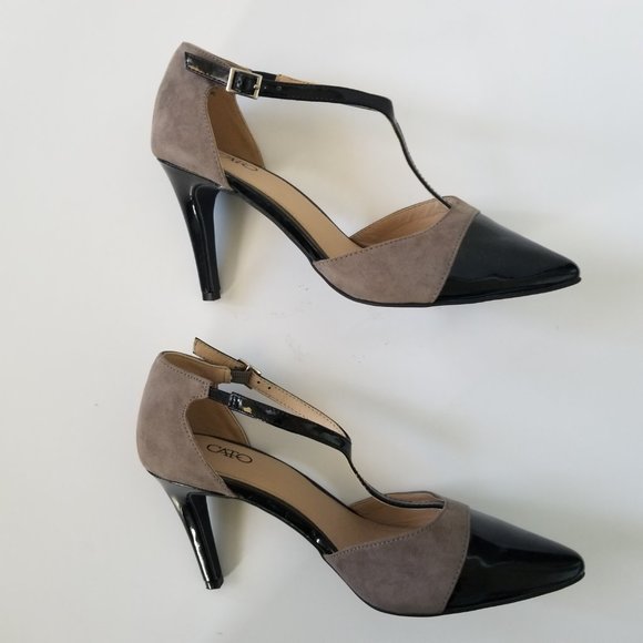 Cato Vintage Gray Taupe and Black Suede and Patent Leather T-Strap size 8 - Picture 4 of 9